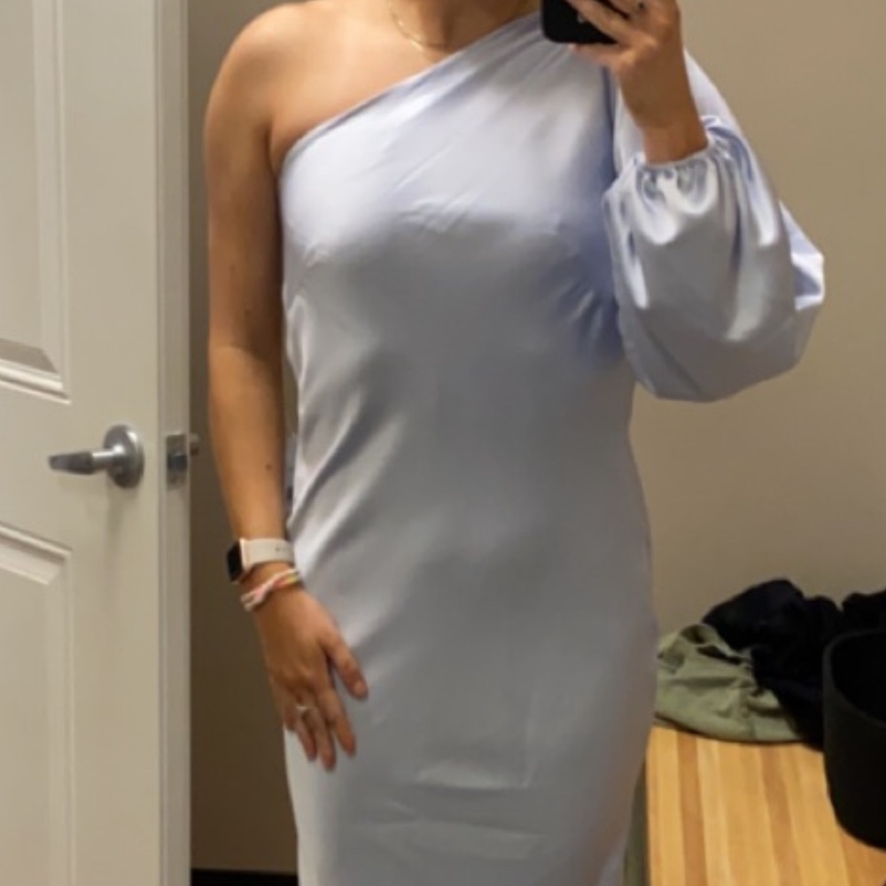 Dessy Light Blue One Shoulder Bridesmaid Dress